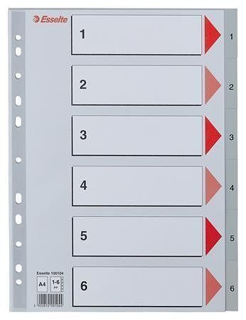 Rejstříky, šedá, A4, plast, 1-6, ESSELTE