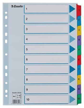 Zesílené rejstříky "Mylar", mix barev, karton, A4, 1-10, ESSELTE