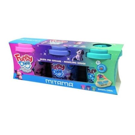 Modelína FUNNY DOO, sada 3 barvy se třpytkami, 3x120 g, růžová, fialová, modrá, MITAMA 638