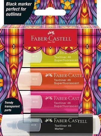 Zvýrazňovač "Glassy", 3 různé neonové barvy + černá, FABER-CASTELL 254693