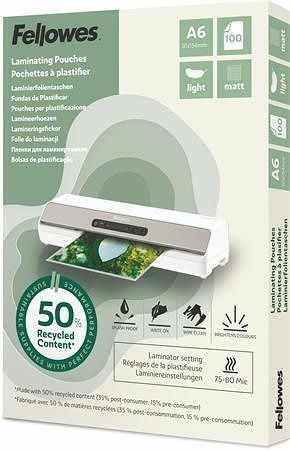 Laminovací fólie "Light", 80 mikronů, A6, matná, recyklovaný, 100 ks, FELLOWES 100143438