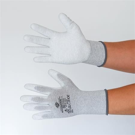 Montážní ESD rukavice, šedo-bílá, pletené, XL, z karbon-polyesteru, PU dlaň, 12 párů, SF00