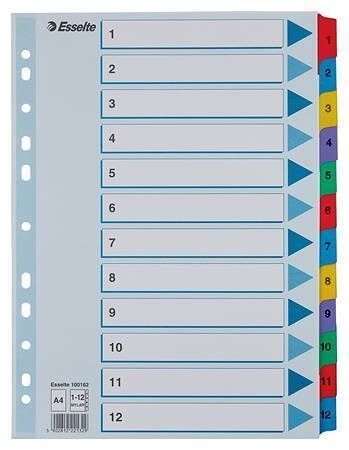 Zesílené rejstříky "Mylar", mix barev, karton, A4, 1-12, ESSELTE
