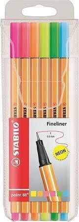Linery "Point 88", sada, 6 různých neonových barev, 0,4 mm, STABILO