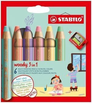 Barevné pastelka "Woody", 6 pastelových barev, maxi, 3v1 – pastelka, vodovka, voskovka, ST