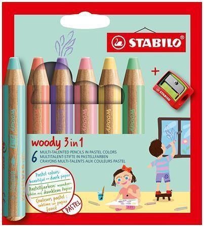Barevné pastelka "Woody", 6 pastelových barev, maxi, 3v1 – pastelka, vodovka, voskovka, ST