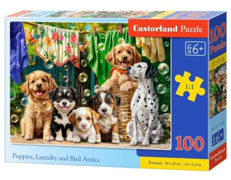 Castorland puzzle 100 dílků Štěňata, prádlo a ptačí dovádění