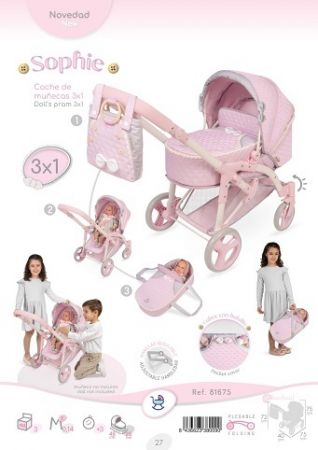 DeCuevas 81675 Skládací kočárek pro panenky 3 v 1 s přenosnou taškou Sophie 2025 - 75 cm