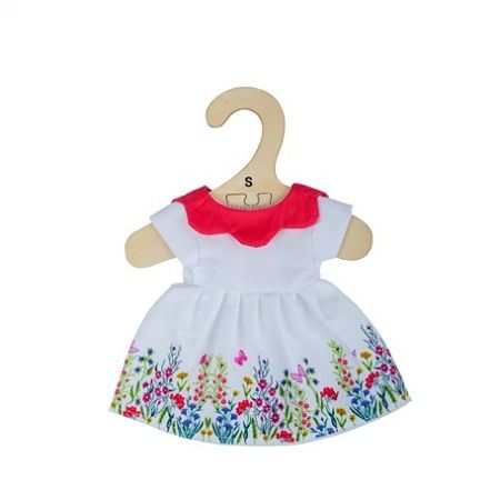 Bigjigs Toys Bílé květinové šaty s červeným límečkem pro panenku 25 cm