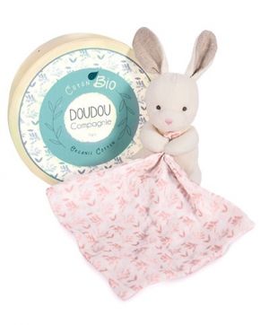 Doudou Dárková sada - Plyšový králiček s růžovou dečkou z BIO bavlny 15 cm