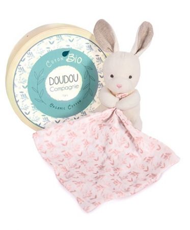 Doudou Dárková sada - Plyšový králiček s růžovou dečkou z BIO bavlny 15 cm