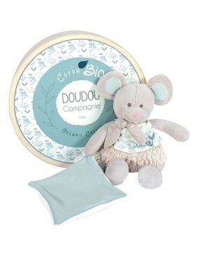 Doudou Dárková sada - Plyšová myška s dečkou z BIO bavlny 22 cm