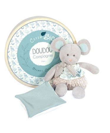 Doudou Dárková sada -  Plyšová myška s dečkou z  BIO bavlny 22 cm