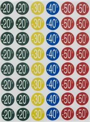 Slevové etikety, barevné, -30 až -70 %, kruhové, průměr 24 mm, 240 etiket/balení, APLI 101