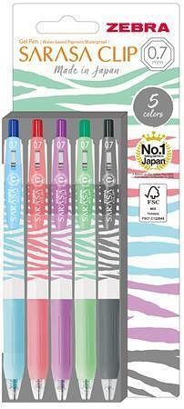 Gelové pero "Sarasa Clip Pastel", 5 pastelových barev, 0,33 mm, stiskací, pruhované tělo,