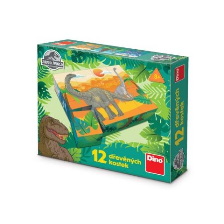 DINO Dřevěné licenční kostky Jurský svět – 12 kostek