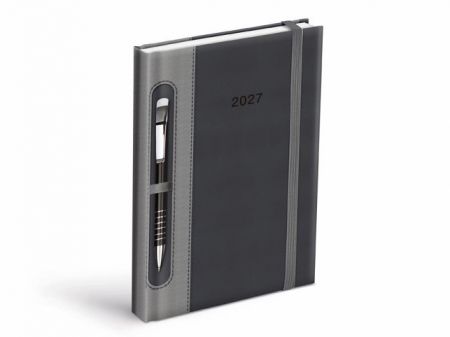 Diář denní 2027 D801 PU tmavě šedý/šedý - na propisku, 14,7cm x 21,2cm, 7781562