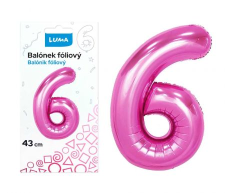 Balonek foliový č.6 RŮŽOVÝ 43 cm LUMA