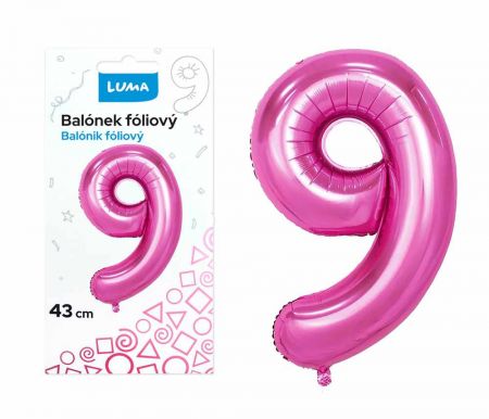 Balónek foliový č.9 RŮŽOVÝ 43 cm LUMA