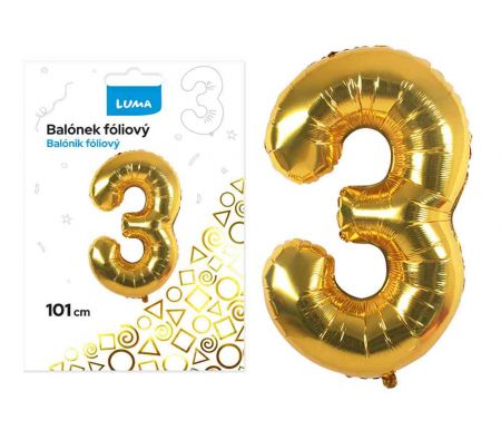 Balónek foliový č. 3 ZLATÝ 101cm LUMA