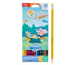 Pastelky DELI bezdřevé šestihranné s gumou 12 barev WOW EC102-12