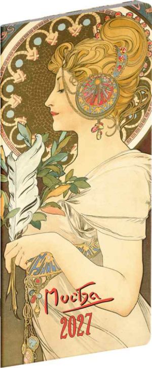 Diář měsíční kapesní Alfons Mucha 2027, plánovací měsíční, 8cm x 18cm, PGD-MESPL-37791