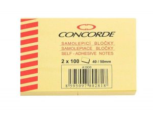 Samolepicí bloček CONCORDE 40 x 50mm, 2 x 100 listů, žlutá