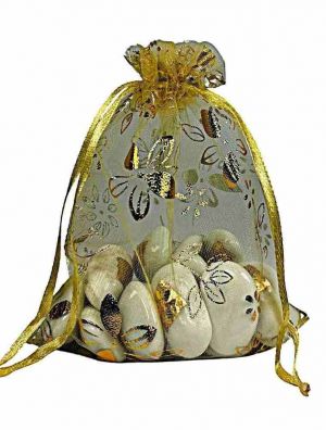 Organza sáček zlatý se zlatými květy, 14 × 20 cm