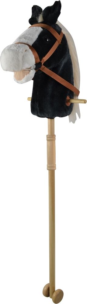 Černý kůň na tyči 95 cm, se zvukem koně. S kolečky, odnímatelná dřevěná tyč