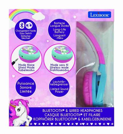 Lexibook 2v1 bluetooth skládací sluchátka Jednorožec s limitem hlasitosti