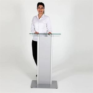 Řečnický pult se skleněným stolkem a čelním panelem, stříbrná základna, 111 cm, COLOP RC32