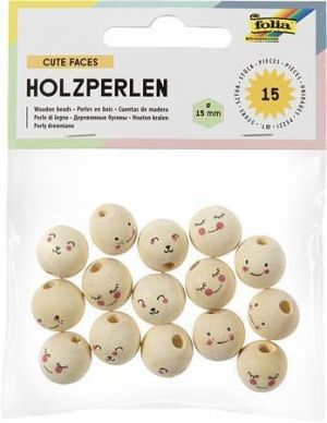 Korálky, roztomilé obličeje, 3 různé výrazy, dřevo, 15 ks, FOLIA 22981