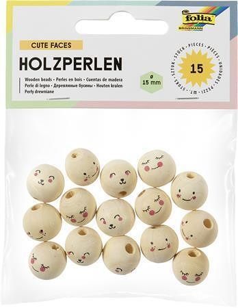 Korálky, roztomilé obličeje, 3 různé výrazy, dřevo, 15 ks, FOLIA 22981