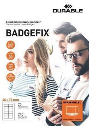 Jmenovka "Badgefix", bílá, textilní, samolepicí, 40 x 75 mm, 240 ks/balení, DURABLE 833402