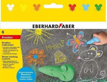 Křídy na chodník, 6 barev, 6 ks, ve tvaru myši, EBERHARD FABER 526561