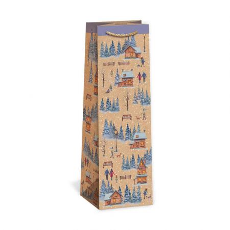 ARGUS Dárková papírová taška NATUR na víno (11 x 36 cm) - Zasněžená krajina 08340100
