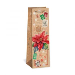 ARGUS Dárková papírová taška NATUR na víno (11 x 36 cm) - Vánoční červená růže 08340103