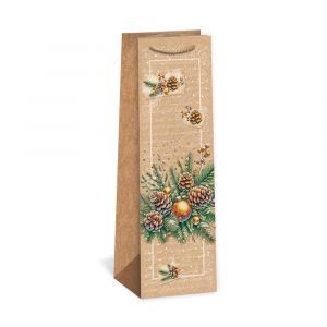 RGUS Dárková papírová taška NATUR na víno (11 x 36 cm) - Větvička se zlatou koulí 08340104
