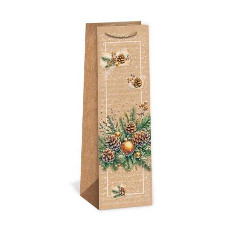 RGUS Dárková papírová taška NATUR na víno (11 x 36 cm) - Větvička se zlatou koulí 08340104