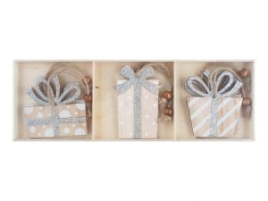 Dřevěné dárky 5552 na zavěšení stříbrné glitry 8 cm, 6 ks v krabičce