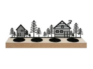 Svícen 23025 s černými kovovými domečky na čtyři svíčky 30 x 9 x 6 cm