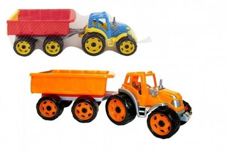 Traktor s vlekem plast 53cm na volný chod 2 barvy v síťce 