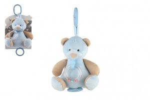 Medvěd plyš 18cm závěs na postýlku/kočárek nat. hrací strojek modrý na kartě v sáčku 0+