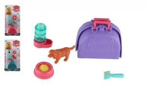 Mazlíček/pes s přenosným boxem plast 5cm s doplňky mix druhů na kartě 12,5x25x5cm