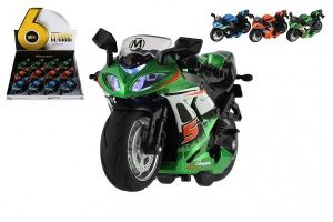 Motorka závodní kov/plast na zpětné natažení 12cm na baterie se světlem, zvukem 3 barvy