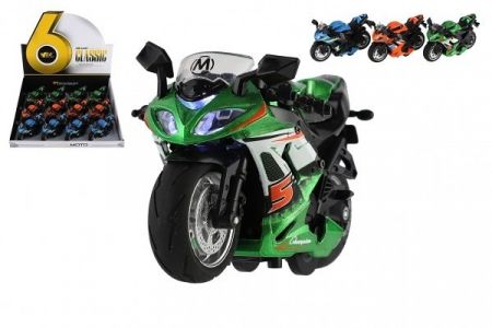 Motorka závodní kov/plast na zpětné natažení 12cm na baterie se světlem, zvukem 3 barvy