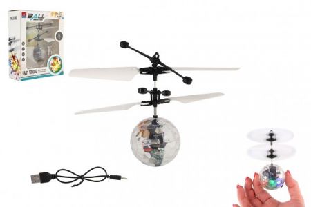 Vrtulníková koule létající plast 13x11cm svítící reagující na pohyb ruky,USB kabelem průhl