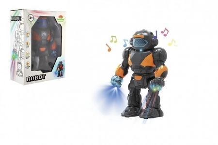 Robot chodící plast 22cm na baterie se světlem se zvukem v krabici 18x24,5x9cm