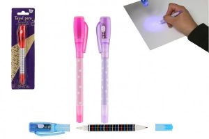 Tajné pero s neviditelným inkoustem a ÚV světlem + propiska plast 15cm na baterie 4 barvy