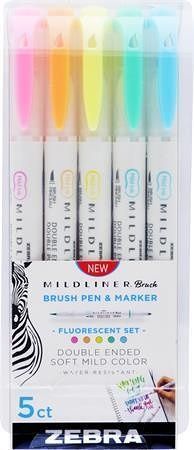 Štětcové fixy "Mildliner Fluorescent", 5 barev, oboustranný, ZEBRA